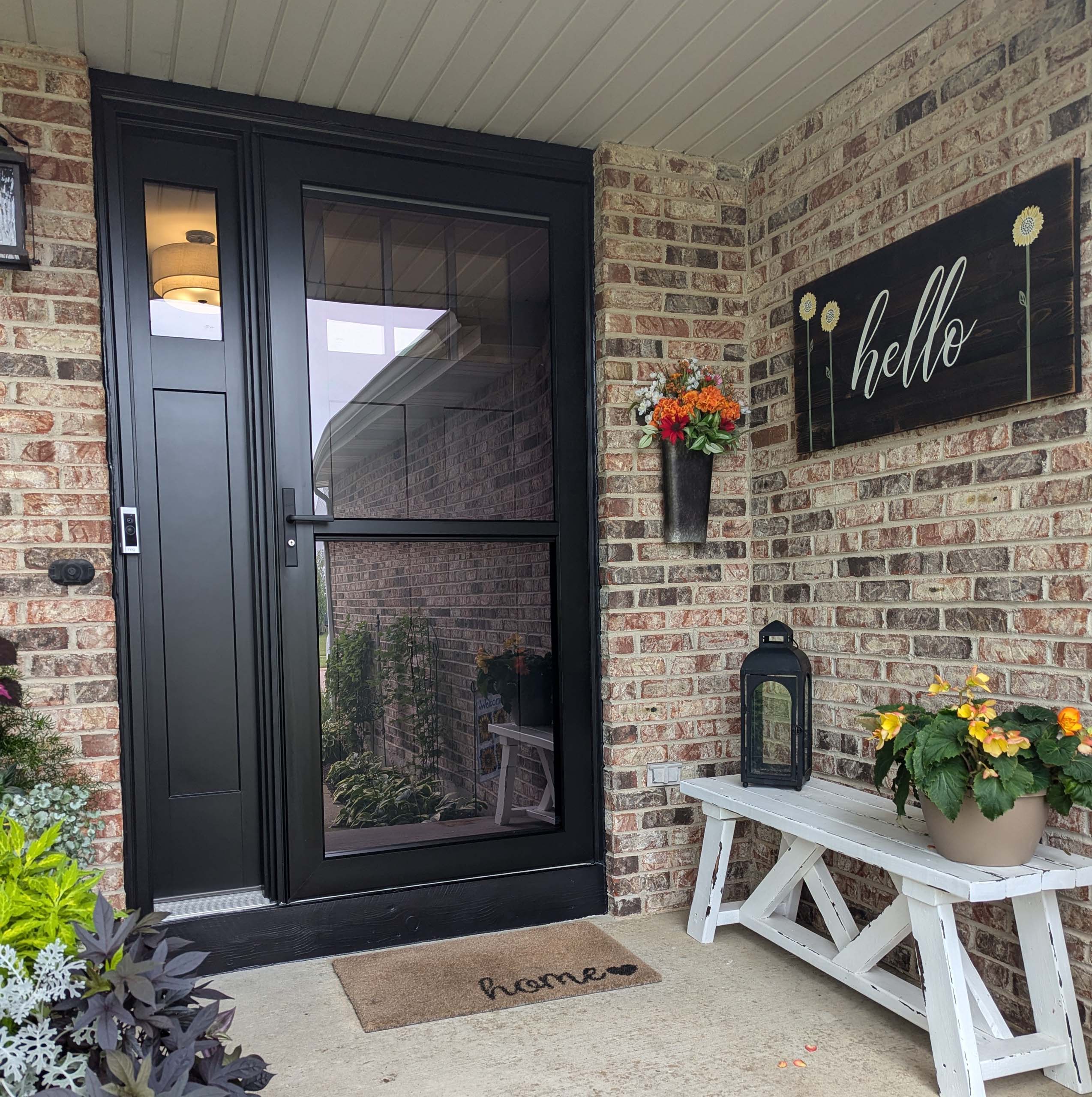 Black modern residential front door with a glass screen door